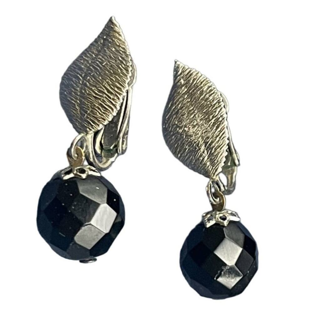 Lewis Segal USA Clip On Earrings Leaf Dangle Black Glass Bead Signed Vintage